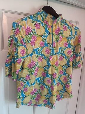 Ibkul Bright Calista Print Citrus Floral Top in Yellow, Blue & Pink Size M